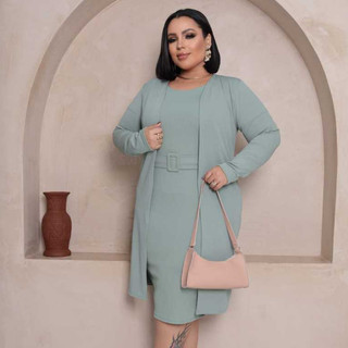 conjunto de vestido e cardigan feminino moda evangélica plus size.