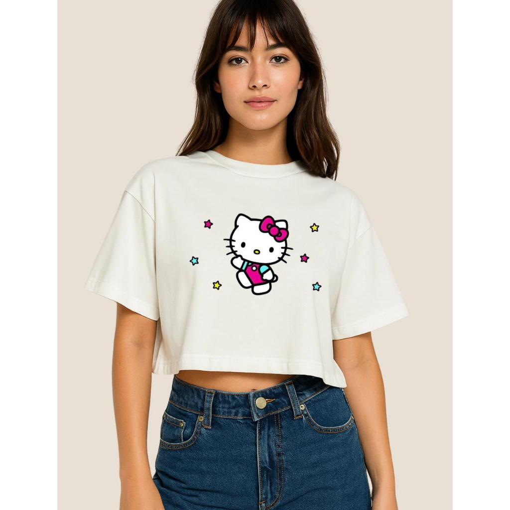 Cropped Oversized Feminino 100% Algodão Estiloso Confortável Tumblr Streetwear Casual Estampa DTF Moda Básica