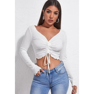 Cropped Feminino Drapeado Gringa Manga Longa tendencia 2025