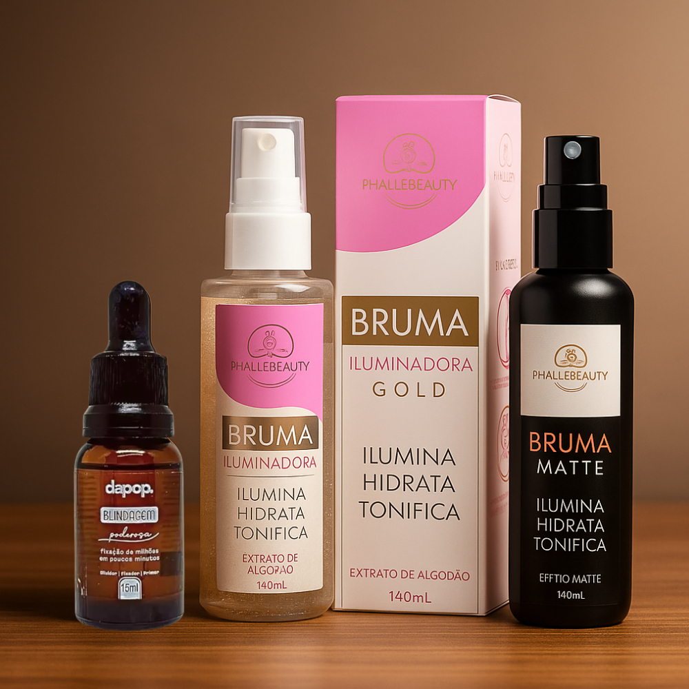 Kit Fixador de Maquiagem Poderoso 1 Blindagem Dapop 2 Brumas Phallebeauty Matte e Gold
