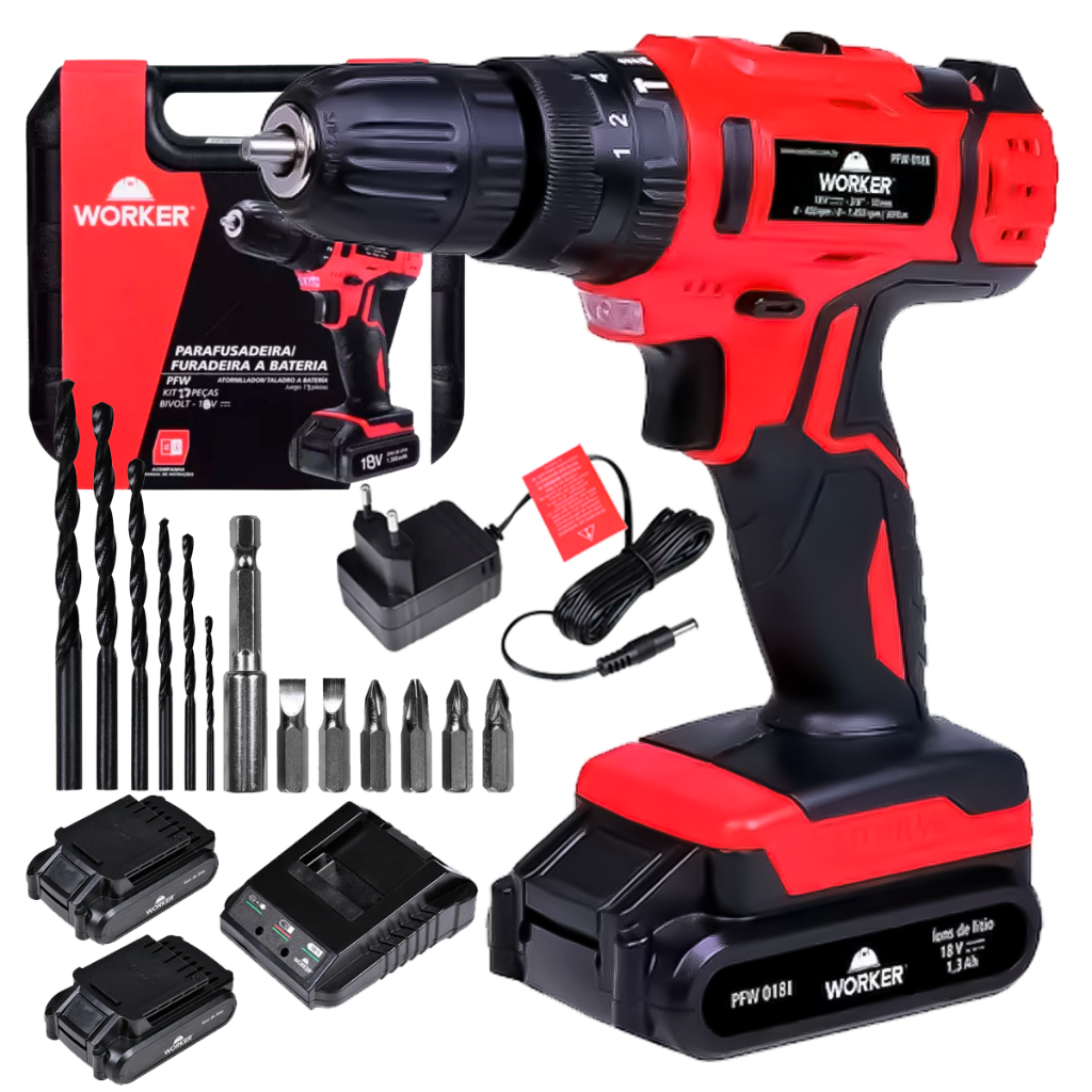 Parafusadeira A Bateria 18V De Impacto + Maleta + Kit Com 2 Baterias Brocas Pontas Bits 17 Peças Top em Oferta na Shopee