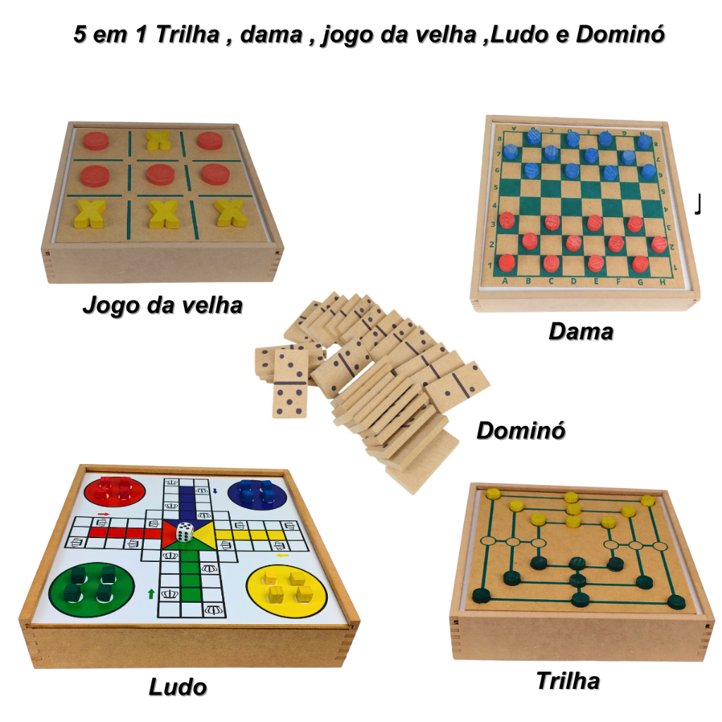 Jogos de Tabuleiros 5 em 1 Dama Dominó Ludo Jogo Da Velha Trilha Dama