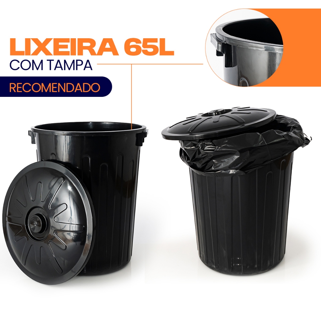 Lixeira 65 Litros Grande Redonda Multiuso Com Tampa Preta em Oferta na Shopee