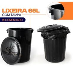 Lixeira 65 Litros Grande Redonda Multiuso Com Tampa Preta