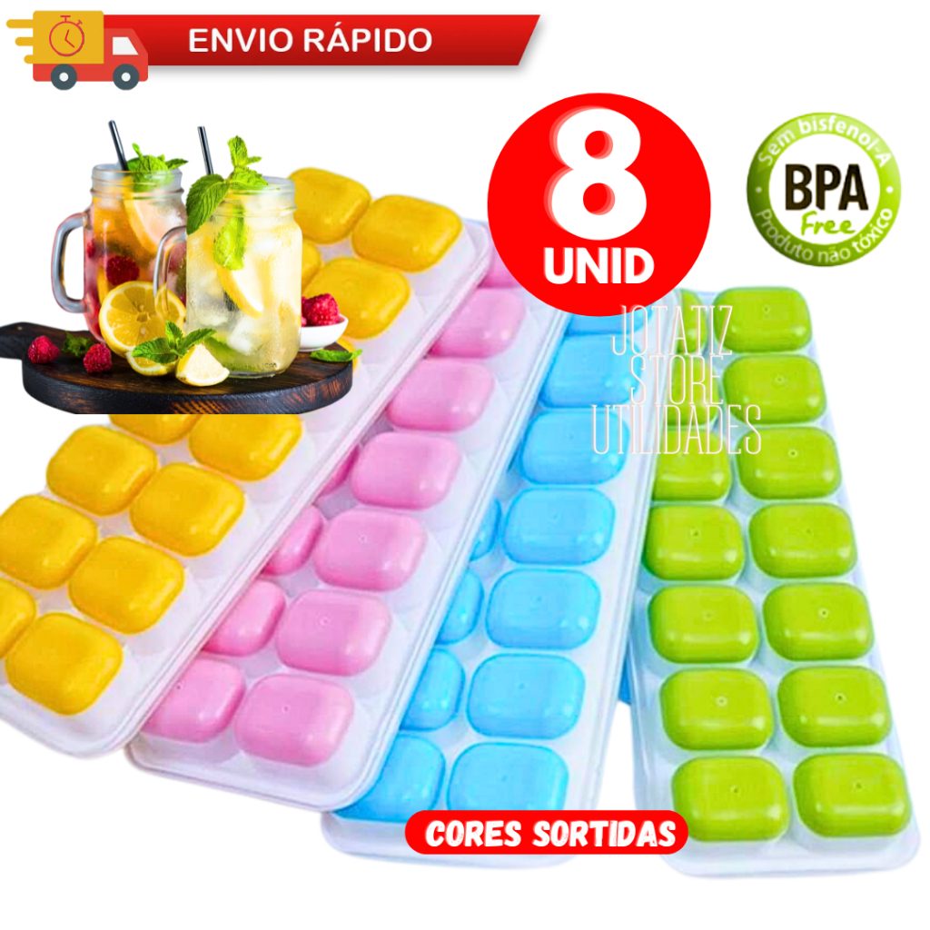 Kit 8 Forma De Gelo Em Silicone Com Tampa Flexivel Fundo Silicone 14 Cubos Higiênico