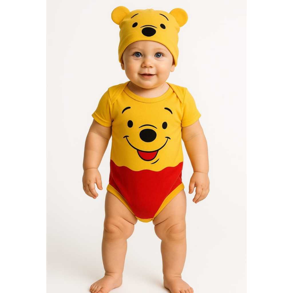Body Bebê Tematico Fantasia Ursinho Pooh + Touca Mêsversario