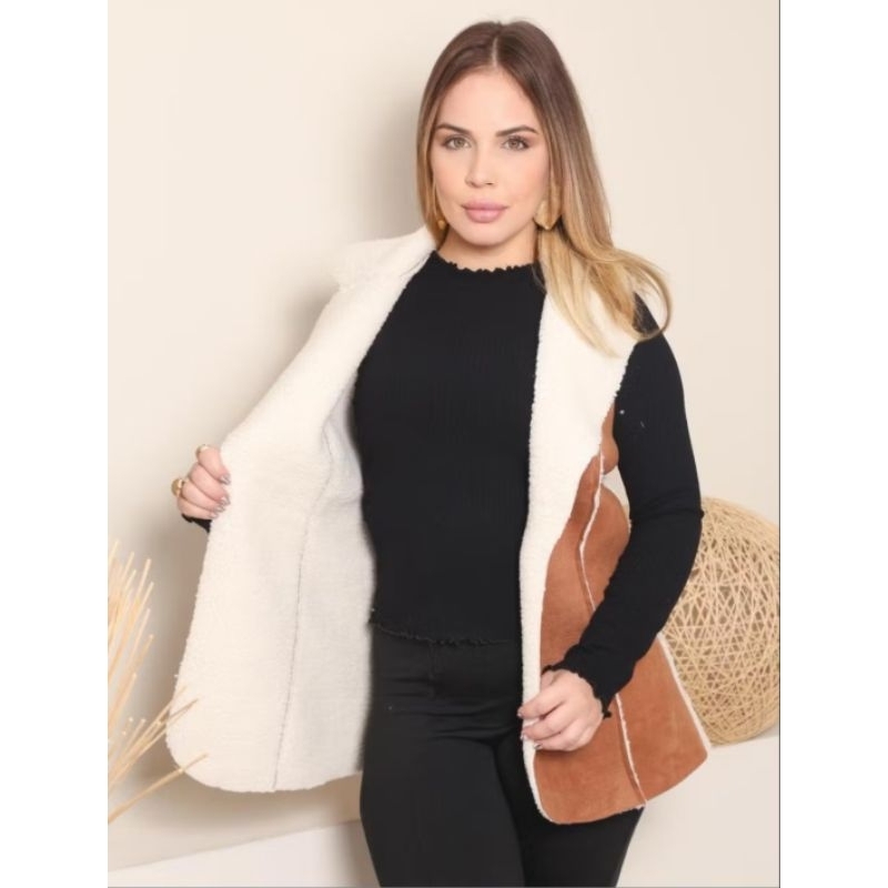 Colete Feminino Forrado de Pelúcia | Colete de Inverno em Camurça Sintética com Gola de Pelo