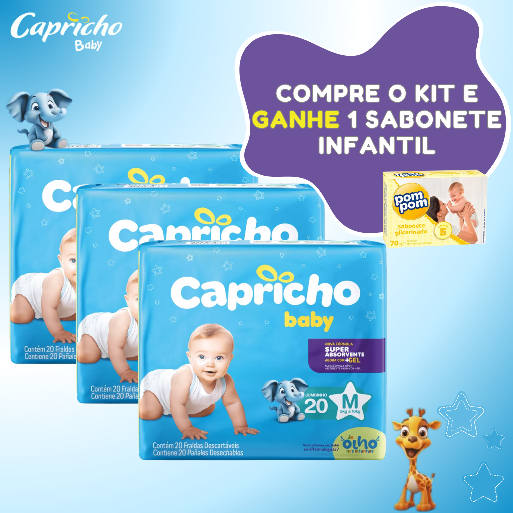 Kit 3 Pacotes de Fralda Capricho Baby + Sabonete de Bebê em Oferta na Shopee