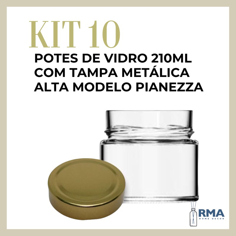 Kit 10 Potes de Vidro 210ml La Pianezza com Tampa Diversas Cores Alta 70mm – Para Velas Artesanais, Geleias e Cremes