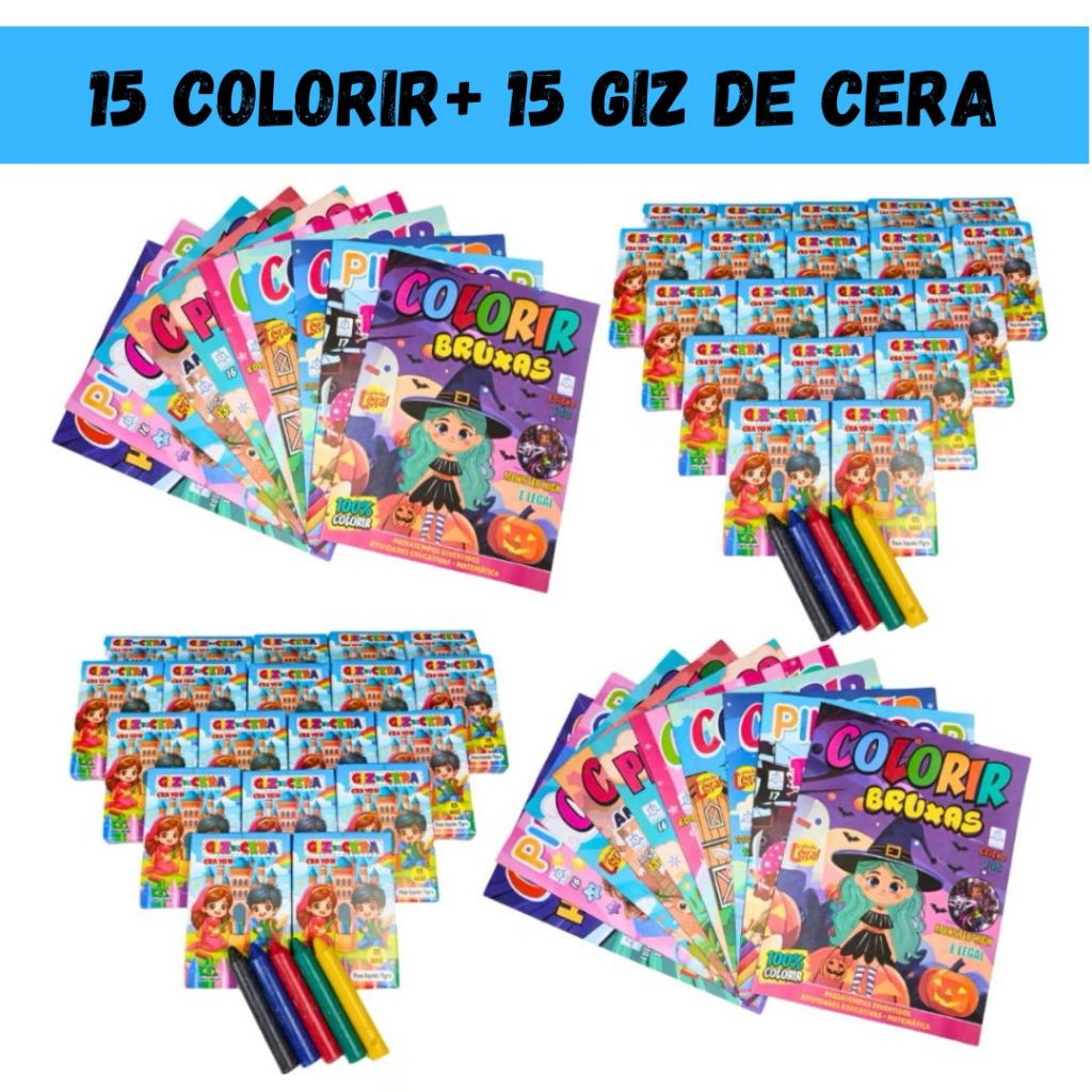 Kit 15 Revistinha Livro de Colorir + 15 Cx Giz de Cera Mini 5 Cores P/ Kit Festa Lembrancinha