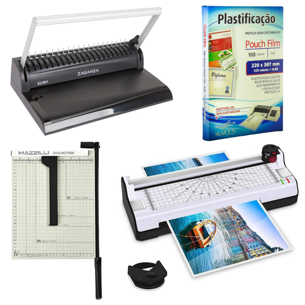 Kit Plastificadora + Guilhotina + Plástico Polaseal A4 + Encadernadora