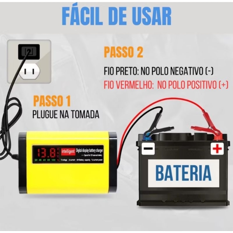 Carregador de bateria de carro totalmente automático display lcd digital 12V 2A carregamento rápido 3 estágios