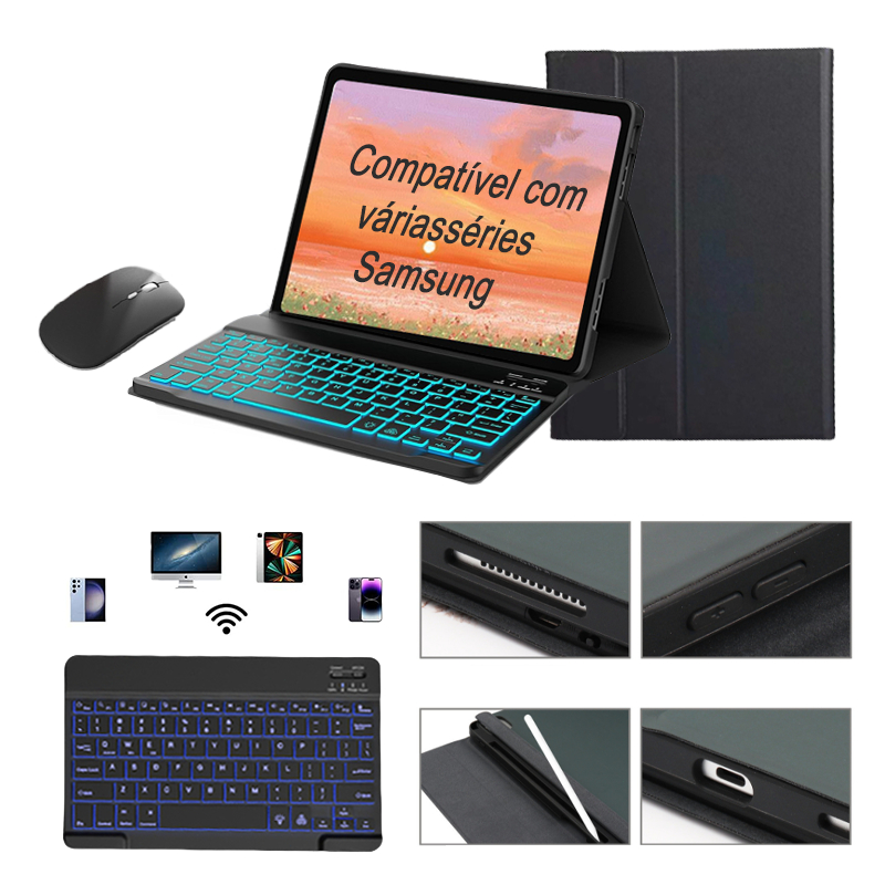 Capa para tablet Samsung Tab A9plus/S6lite/S10plus/S10FE/S9FE plus/S9FE com ABNT2 Teclado iluminado (inclui ç) e mouse