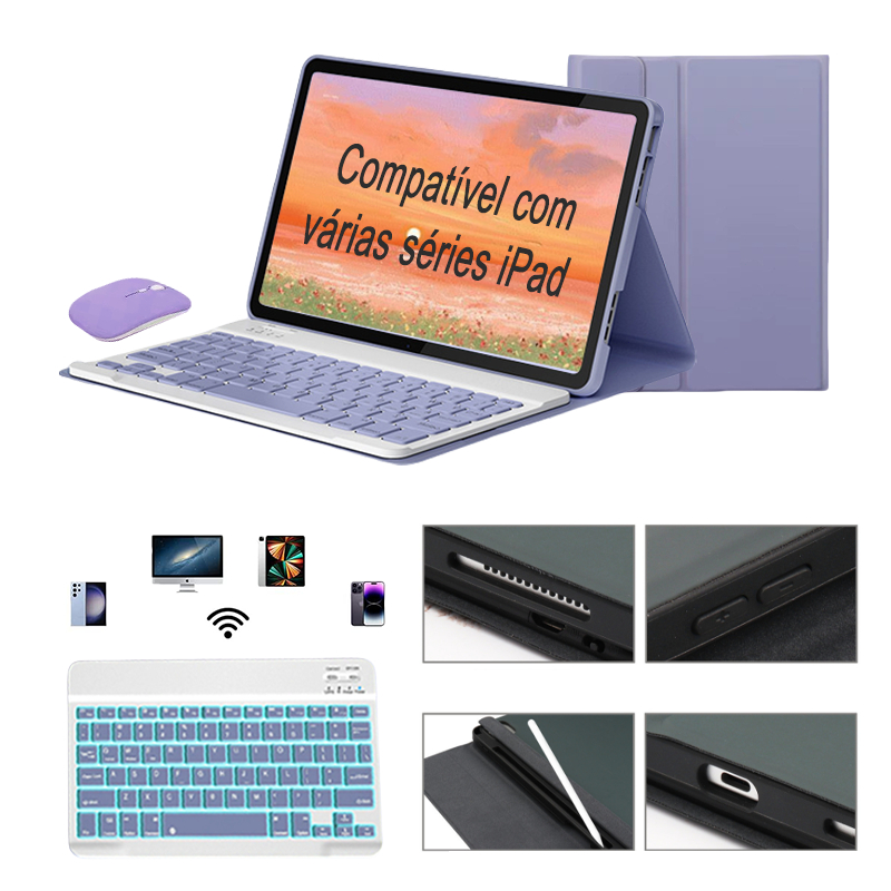 Capa para tablet para iPad 11ª(A16)/10ª(10.9/9ª/Air 11/Air 7/Air 6/Air 5 com Luminescência teclado ABNT2 (com Ç) e mouse
