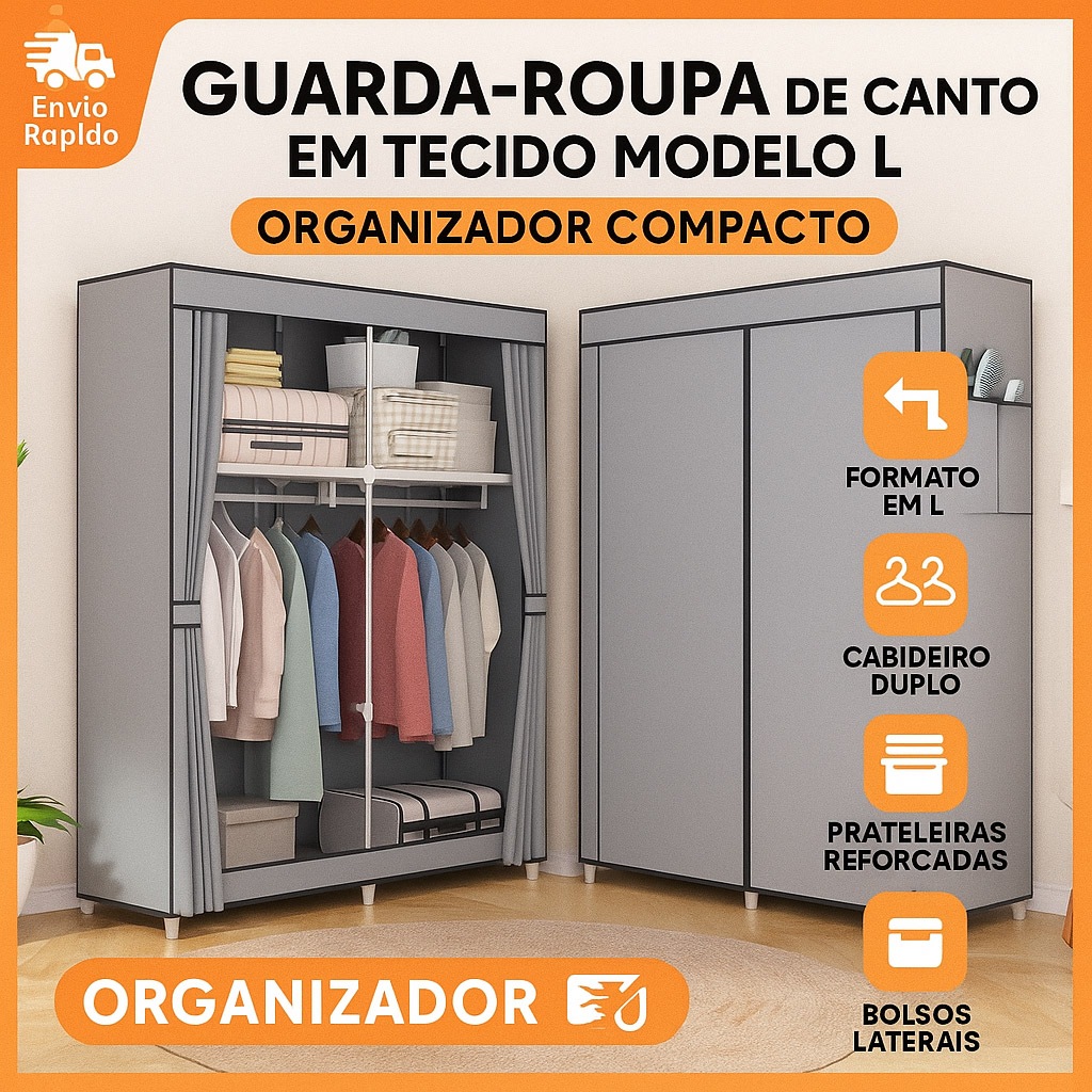 Guarda-Roupa de Tecido com Cortina, Cabideiro Duplo e Prateleiras – Compacto e Fácil de Montar