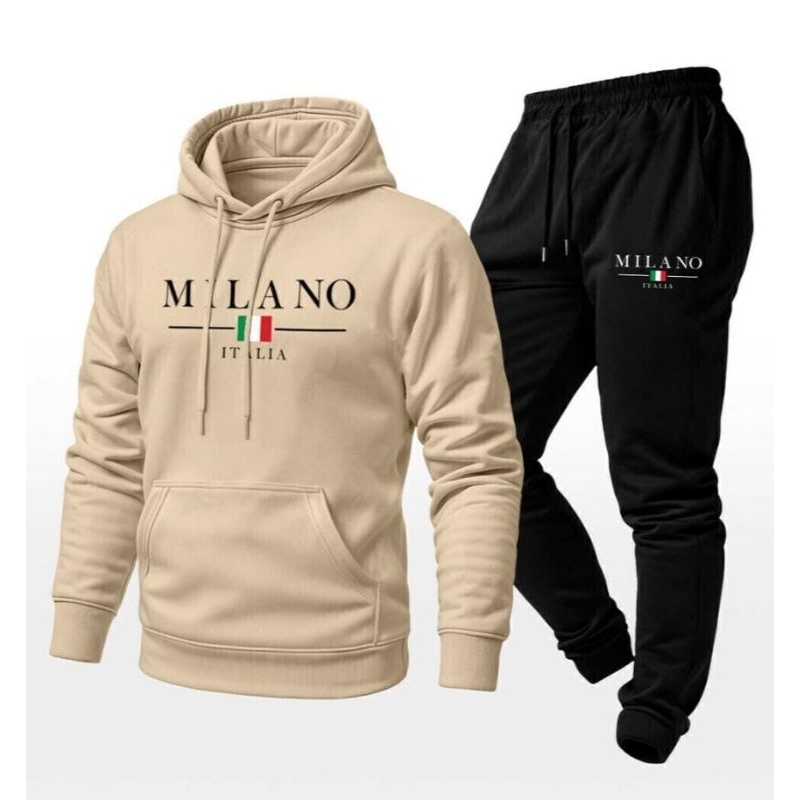Conjunto Moletom Unissex Estampado Milano Itália Calça e Blusa Com Capuz Bolso Canguru
