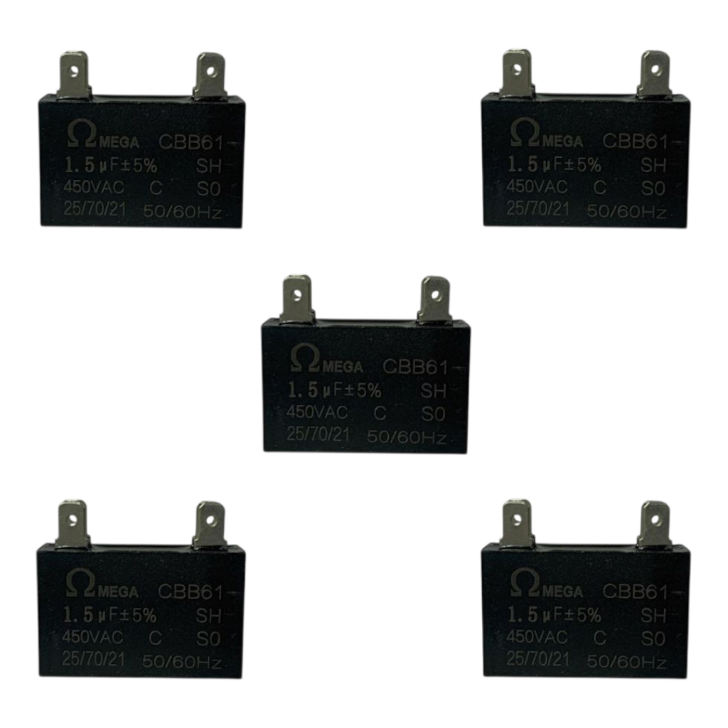 Kit com 5 Capacitores de Partida para Motor de Ventilador Ar Condicionado 1,5uFx450vca Omega