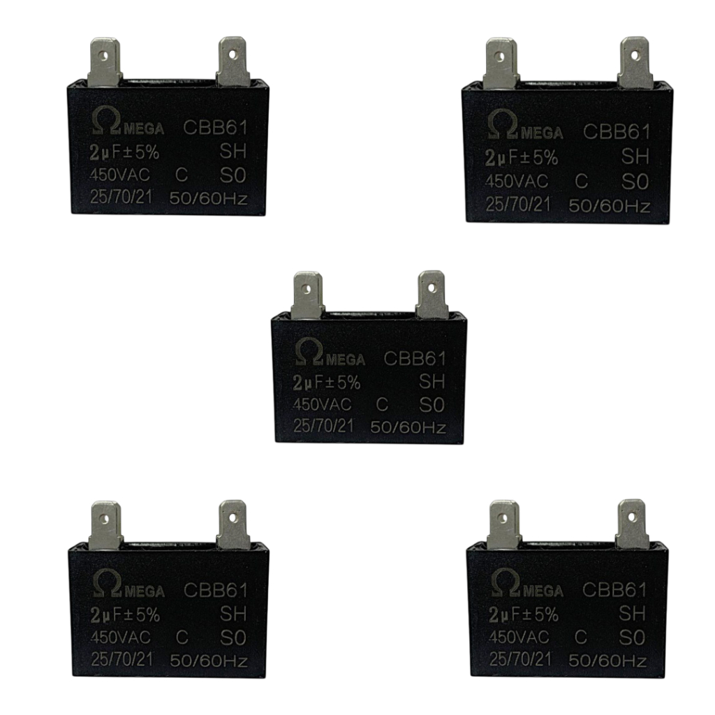 Kit com 5 Capacitores de Partida para Motor de Ventilador Ar Condicionado 2uFx450vca Original Omega
