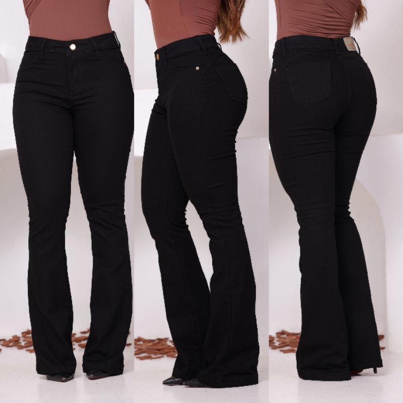Rainbow calça flare sarja lavagem preta com elastano tamanhos 36 ao 46 forma grande veste o número real