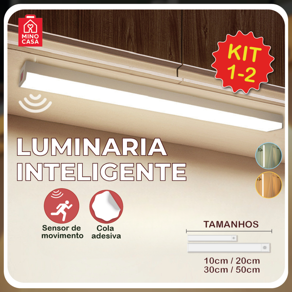 Smart Luminária Inteligente Ultra LED com sensor de movimento sem fio Recarregável USB fino barra 10/20/30/50cm em Oferta na Shopee