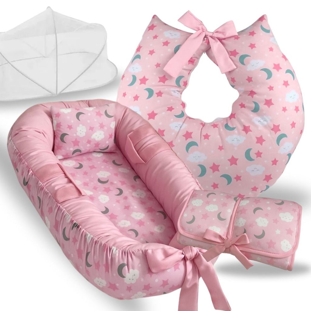Ninho Redutor de Berço Almofada Para Amamentação Trocador Mosquiteiro Kit 4 Peças Enxoval Bebe Rosa em Oferta na Shopee