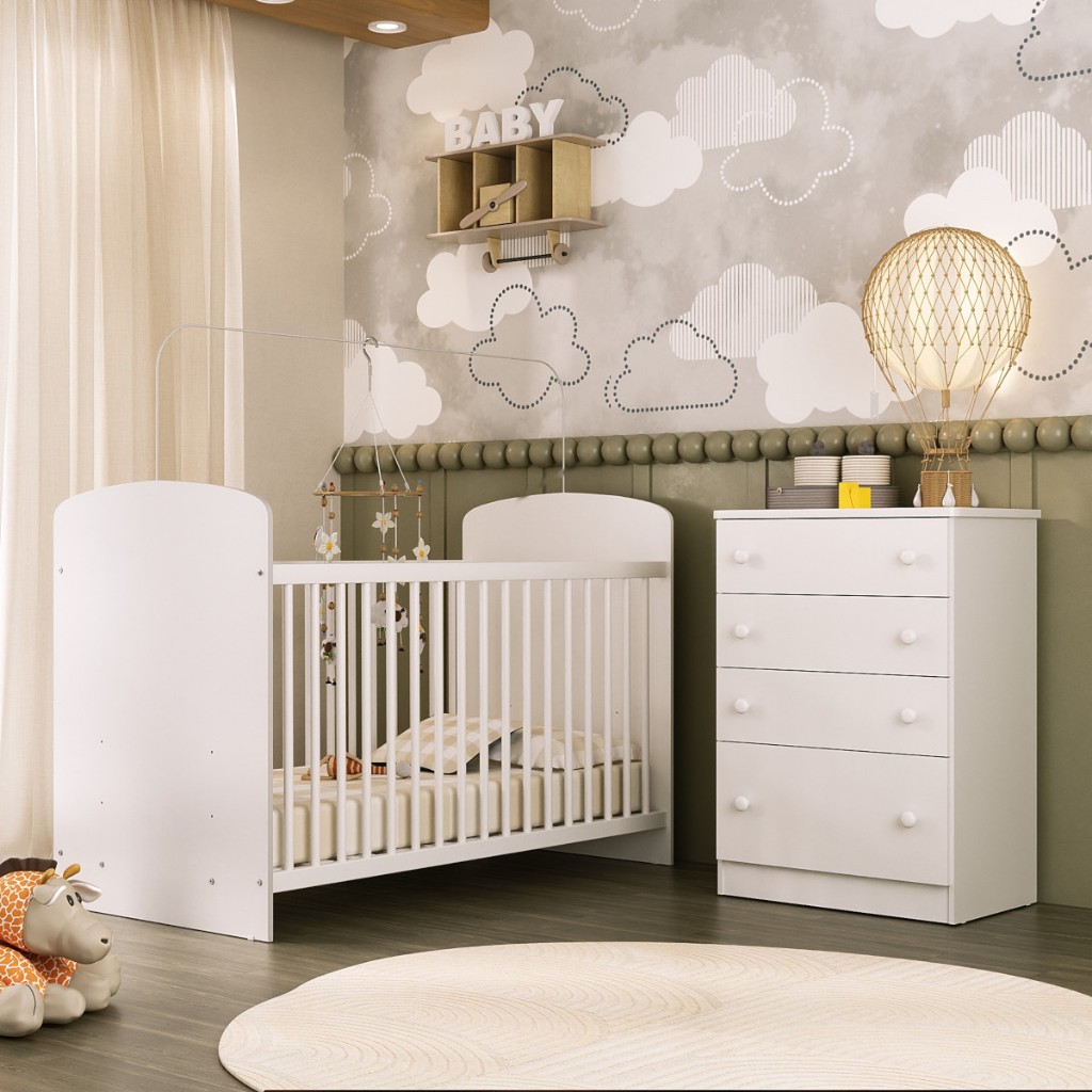 Quarto infantil com Berço e Cômoda 4 gavetas João e Maria Multimóveis Branco em Oferta na Shopee