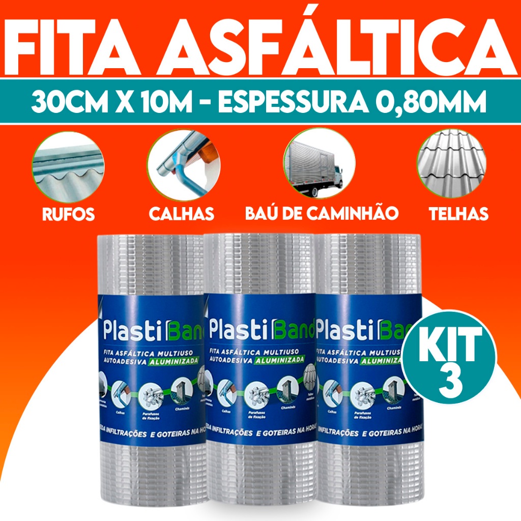 Kit 3 Fita Asfaltica Para Goteiras e Infiltrações 30cm x 10m Resistente