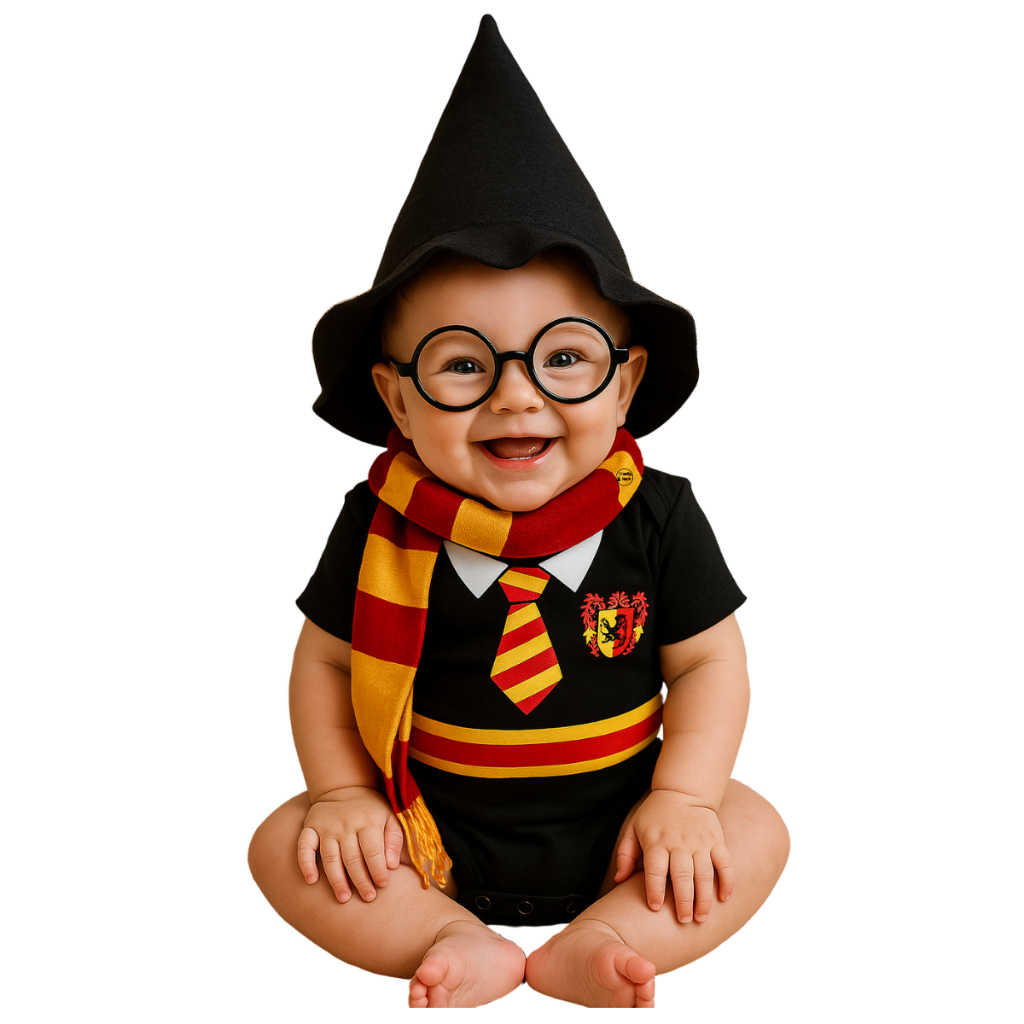 Kit Body Bebê fantasia Mesversário Harry Potter + cachecol + chapéu+ óculos