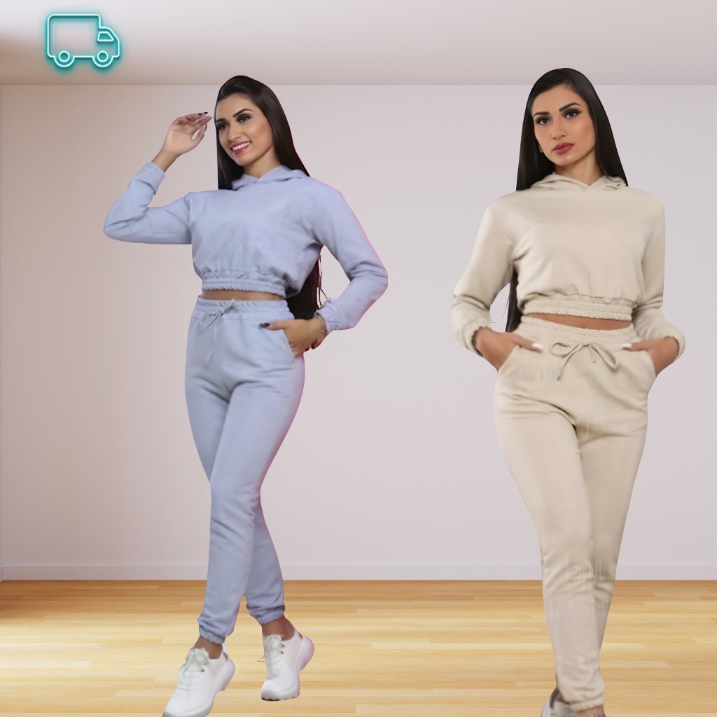 Conjunto Feminino Inverno de Moletom  Calça Jogger e Cropped Com Capuz M G 2026