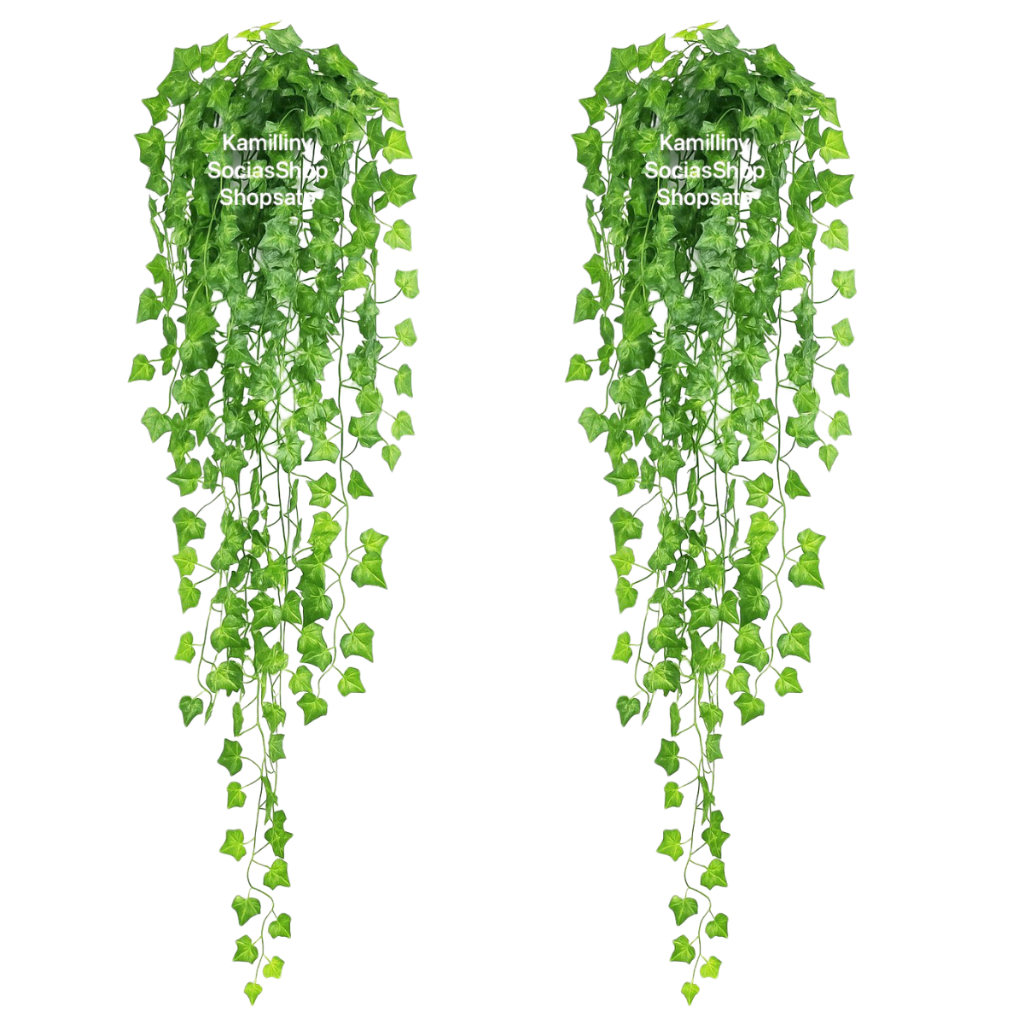 Arranjo c/ 3 Trepadeira Folha de Hera + Vaso Trançado Marrom Decoração Verde Pendente