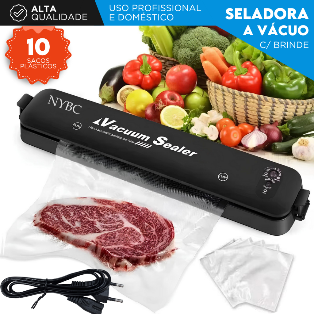 Seladora a Vácuo Doméstica – Bivolt Vedação Hermética | Para Conservar Alimentos | Com 10 Sacos