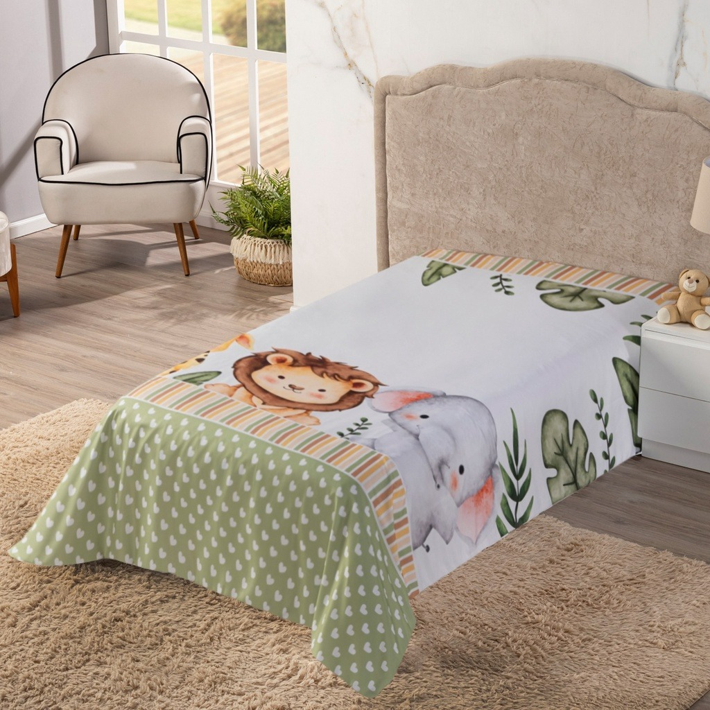Lençol Infantil para Cama Solteiro 1,88 x 0,88 s/ Elástico - Decoração Quarto Bebê Safari Baby