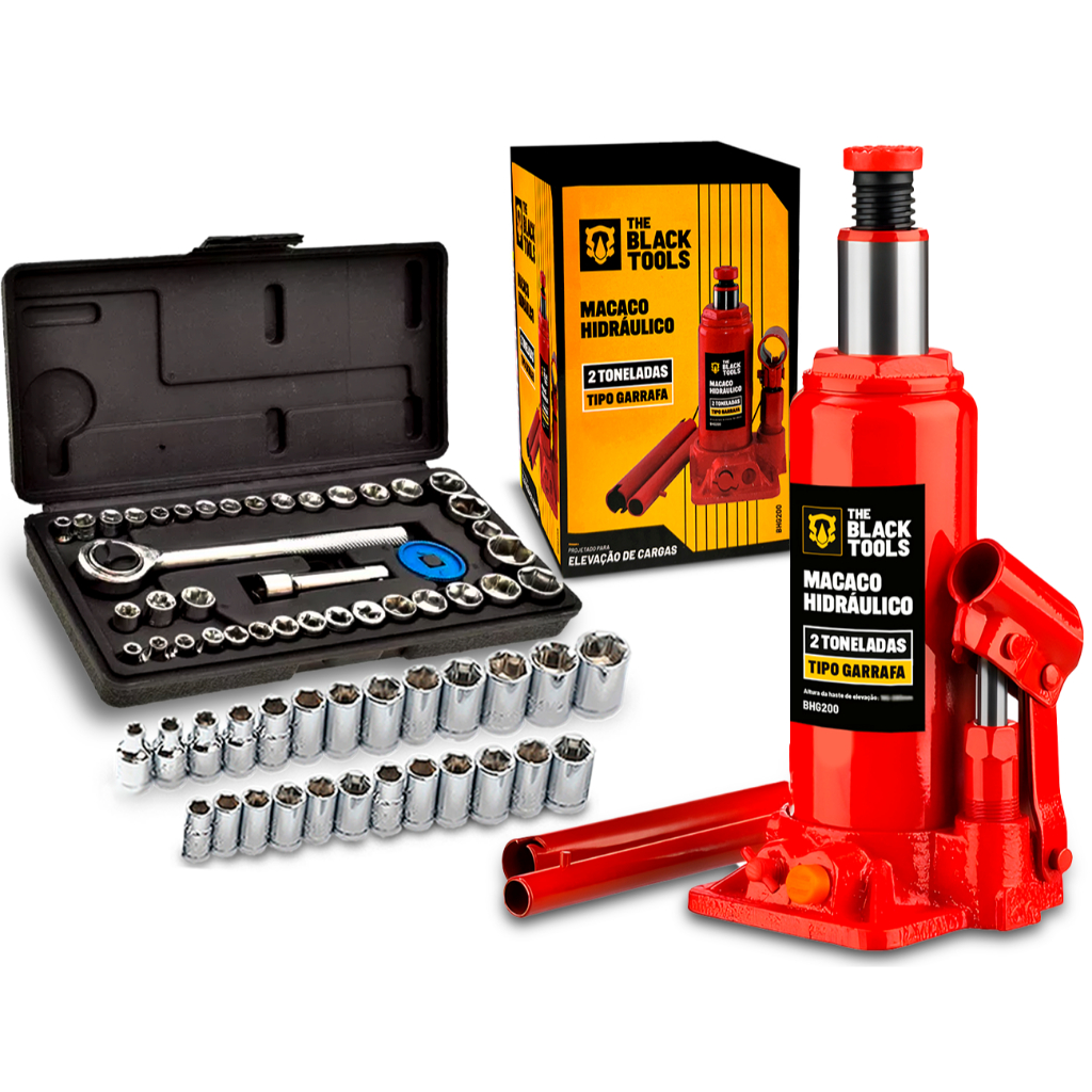 Macaco Hidráulico Tipo Garrafa 2 Toneladas 28,50cm The Black Tools + Jogo De Chave 40 Peças Soquetes em Oferta na Shopee