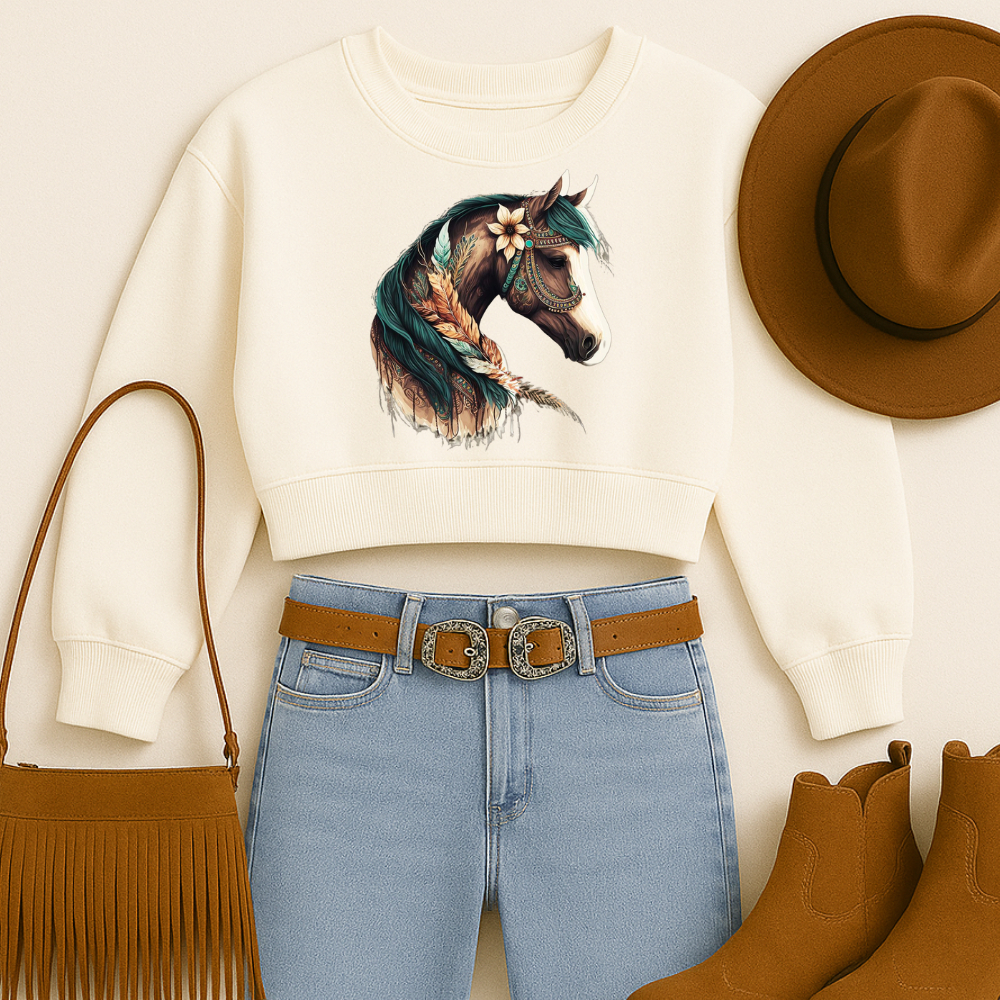 Cropped Moletom Country Estampa Cavalo Colorido Moda Western Faroeste Tecido Quente Macio