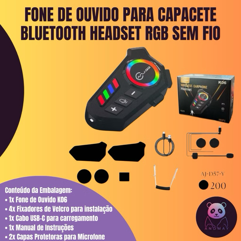 🎧 Fone de Ouvido para Capacete Bluetooth K06 RGB com Microfone – Sem Fio