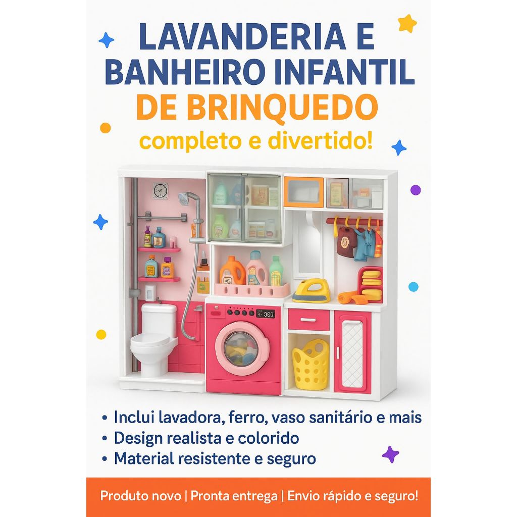 Lavanderia e Banheiro Infantil de Brinquedo com acessórios Divertido!