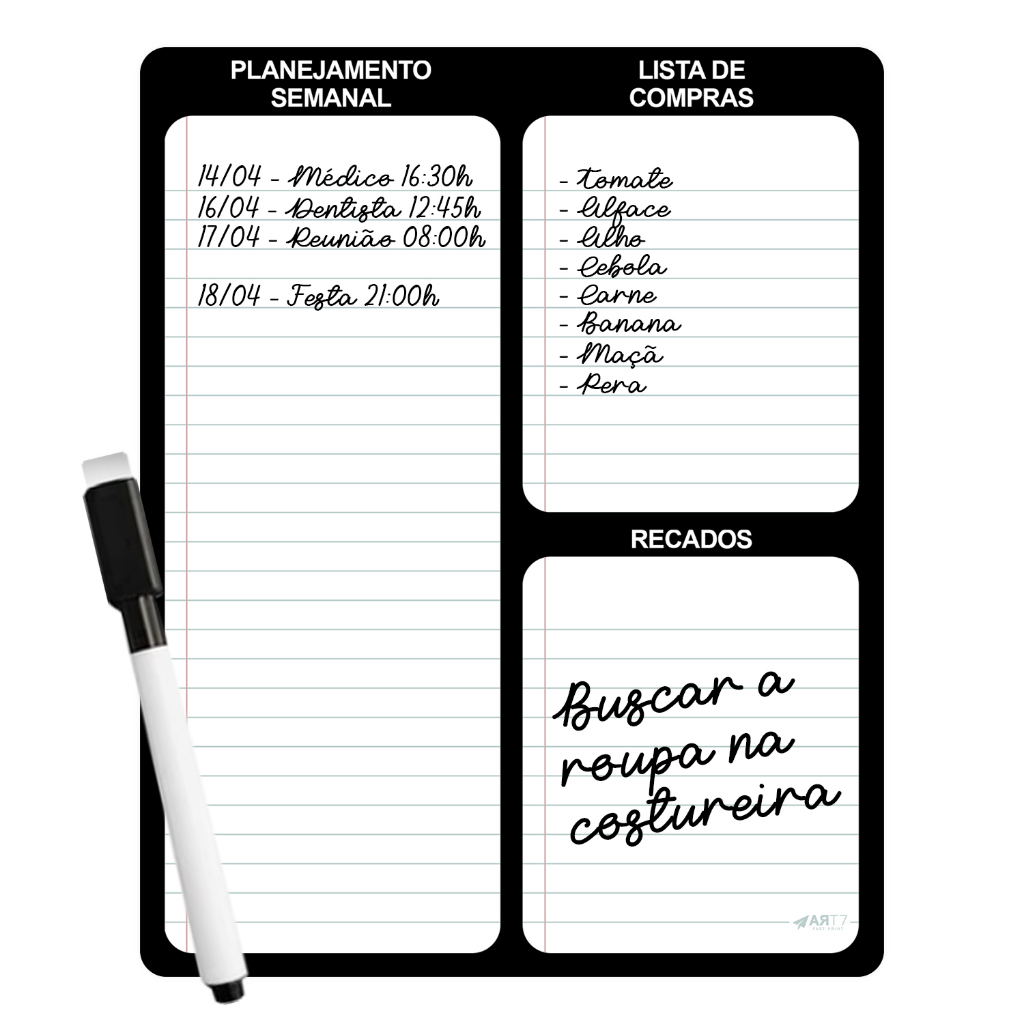 Lousa Planejamento Semanal com Imã e Caneta – Ideal p/ Casa, Escritório e Cozinha