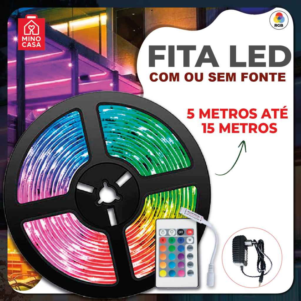 Fita LED 5050 Super Led Ultra RGB 15M 12v 300 Leds | Fita + Controle + Fonte | 16 Cores IP20 em Oferta na Shopee