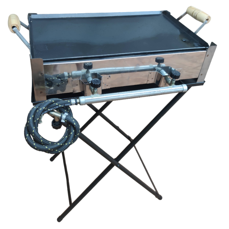 Fogão Inox 2 Bocas A Gás com Chapa Grill e Suporte Dobrável Portátil Camping ou Cozinha Externa