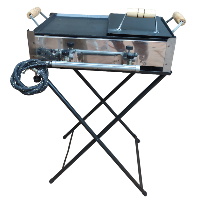 Fogão Inox 2 Bocas A Gás com Prensa Grill e Suporte Dobrável Portátil Camping ou Cozinha Externa