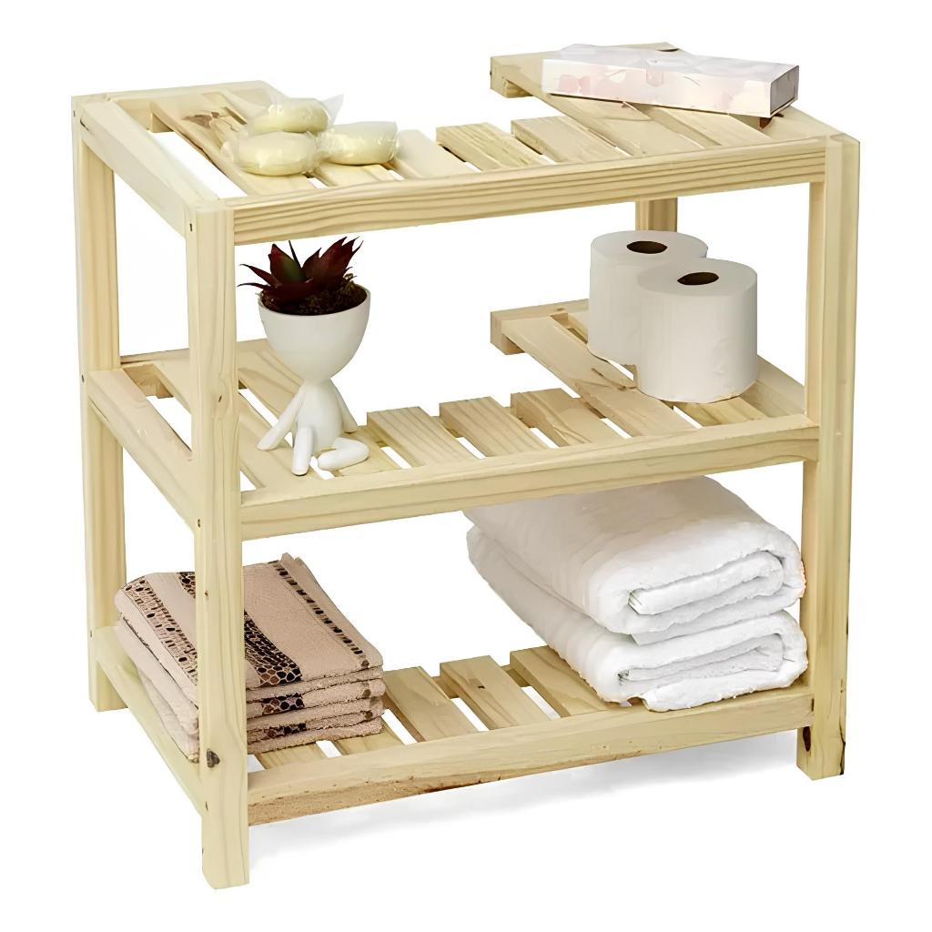 Estante de Banheiro com 3 Prateleiras de Madeira Pinus - Organize Seu Banheiro Gabinete