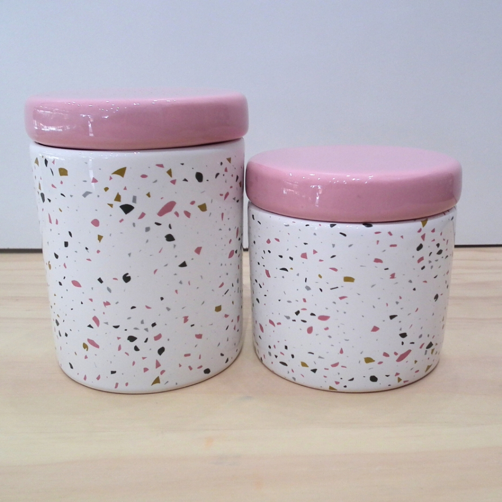 Par de Potes de Porcelana Granilite Rosa Porta Algodão e Porta Cotonete Lavabo ou Kit higiene Bebe
