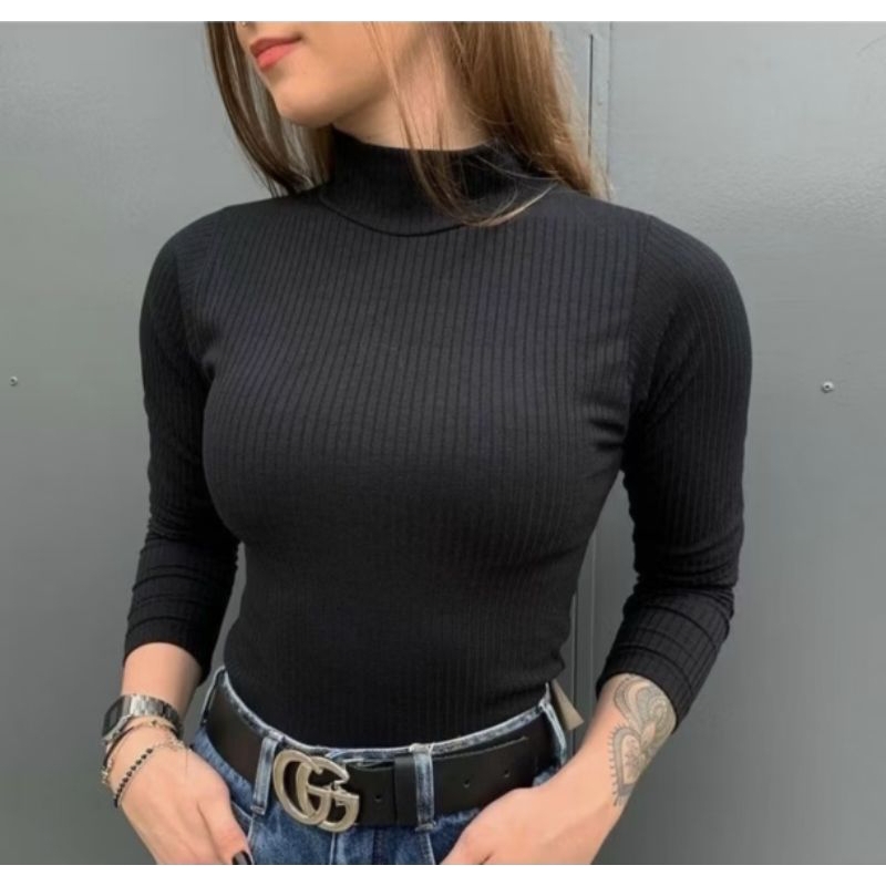 blusa gola alta manga longa cacharrel malha anarruga canelado blusa feminina elegante confortável CANELADO CACHARREL