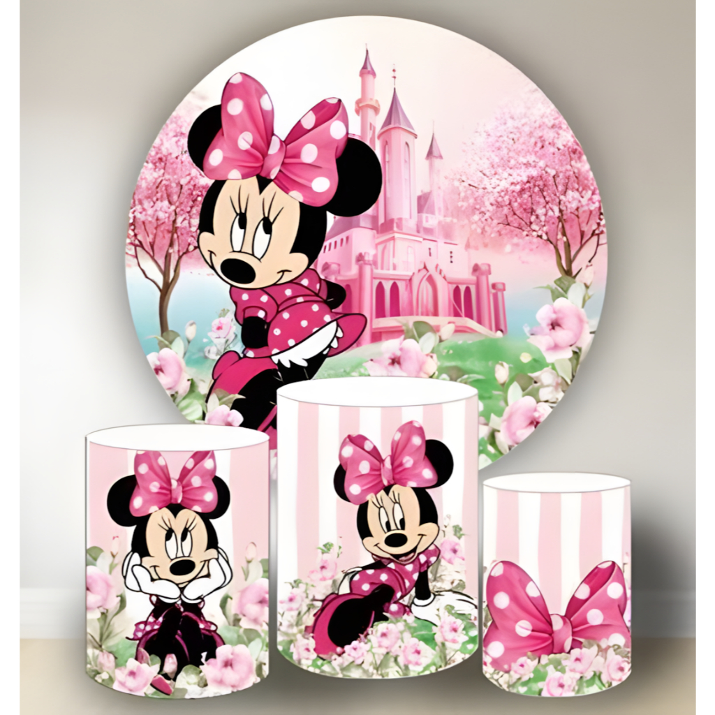 Kit Capas Painel Redondo E Capas De Cilindro Sublimados Decoração Tema Minnie Castelo