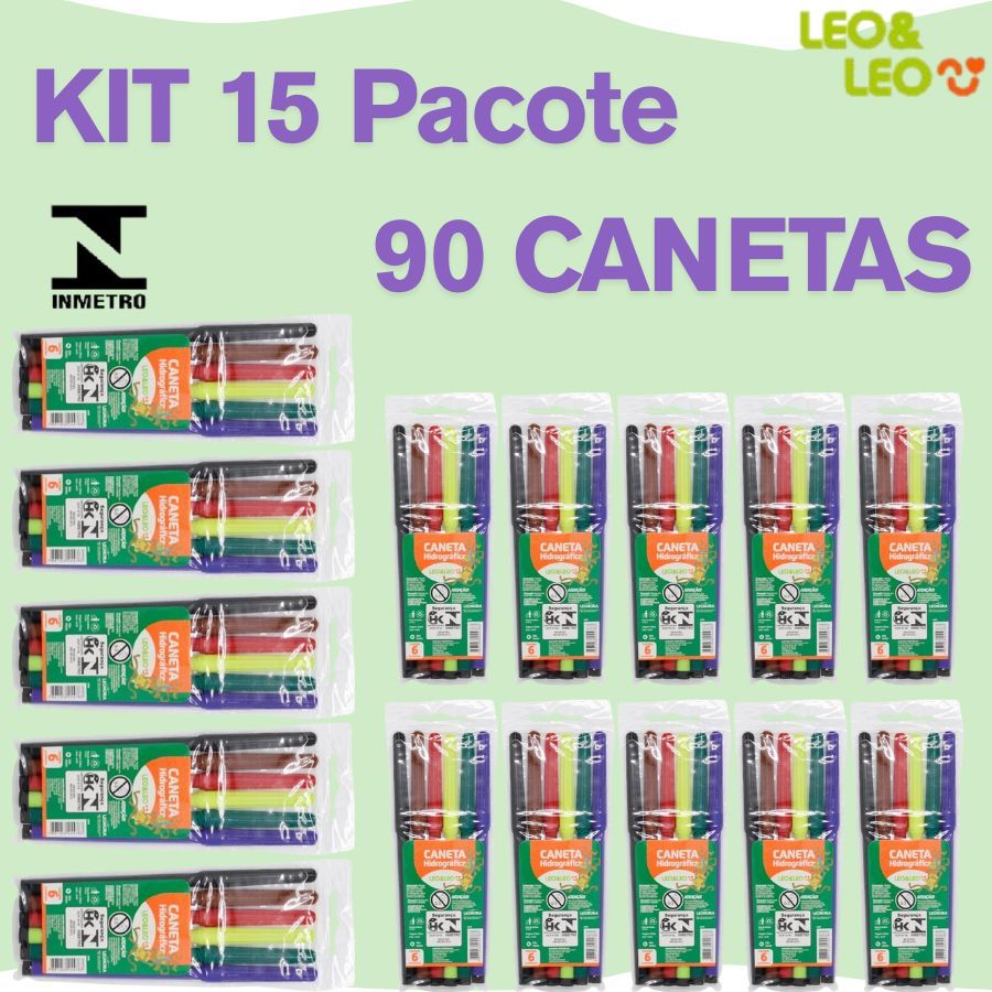15 Pacotes 90 Canetas Hidrocor 6 Cores Canetinha Hidrográfica Escolar Pintura Material Escolar Arte