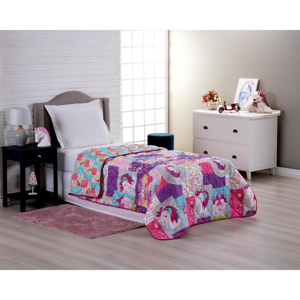 Edredom Dupla Face Infantil Cama Solteiro Microfibra Estampado Dinossauro VideoGames Unicornio