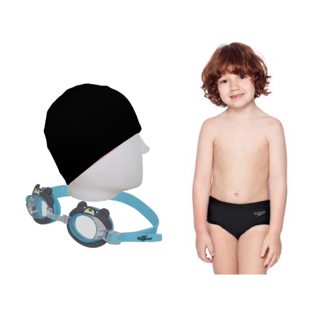 Kit Natação Speedo Sunga Solid Infantil Óculos Splash Club Antiembaçante + Touca Tecido
