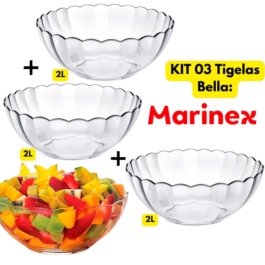 Kit jogo 3 Tigela Bella Astral 2L Marinex tigela de vidro Resistente a Alta Temperatura Saladeira