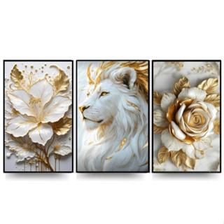 Quadro decorativo Leão tribo de judá jesus gold flor branco luxo 3 peças grande em Oferta na Shopee
