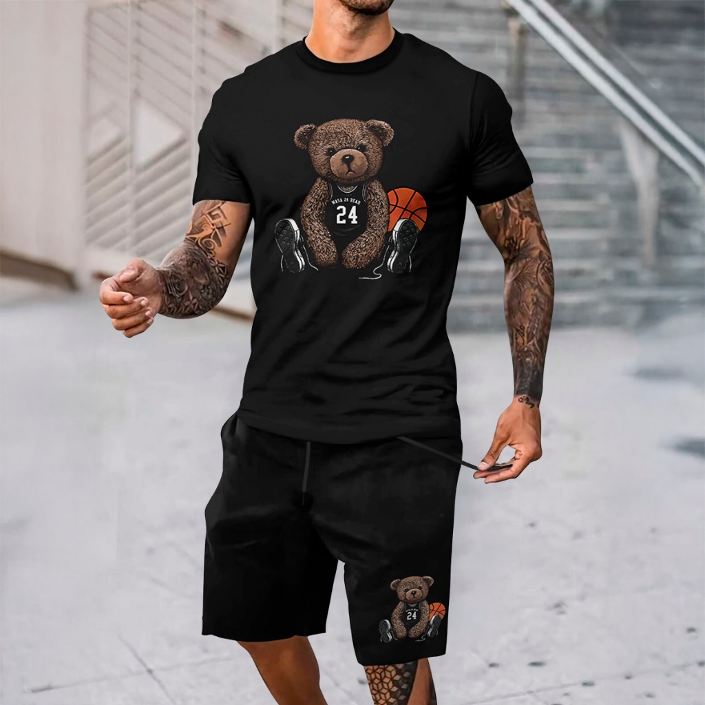 Kit Camiseta + Bermuda URSO SENTADO BASQUETE Camisa Algodao e Bermuda de Moletom